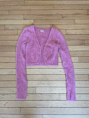 Garage Pink Fuzzy Cropped V‑Neck Cardigan